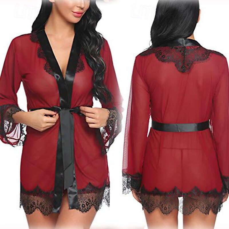 Ladies Sexy See-Through Gauze Nightgown Lace Edge Fun Set Home Outfits3