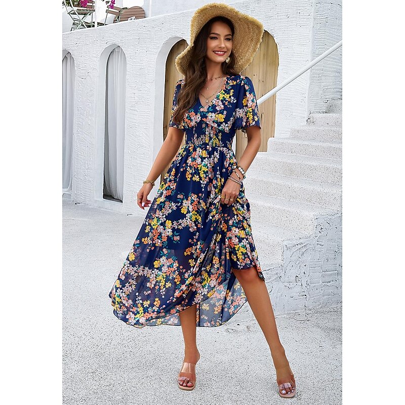 Women's Sheath Dress Chiffon Dress Sundress Floral Graphic Elastic Waist Print V Neck Cold Shoulder Long Dress Maxi Dress Elegant Tropical Party Date Short Sleeve Summer Spring 10