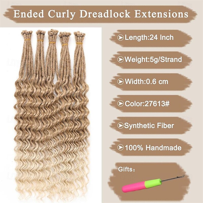 24 Inch Synthetic Wavy Dreadlock Extensions 20 Strands 0.6 cm Soft Thin SE Dread Extensions Handmade Reggae Crochet Hair Hip-Hop Style Pre Looped Dreadlock Extensions for Women 27/613#2