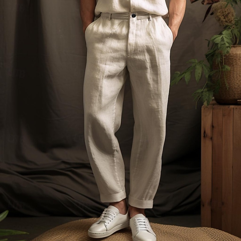 40% Linen Men's Linen Pants Trousers Summer Pants Button Up Pocket Plain Breathable Comfortable Office / Career Daily Vacation Classic Casual Black White