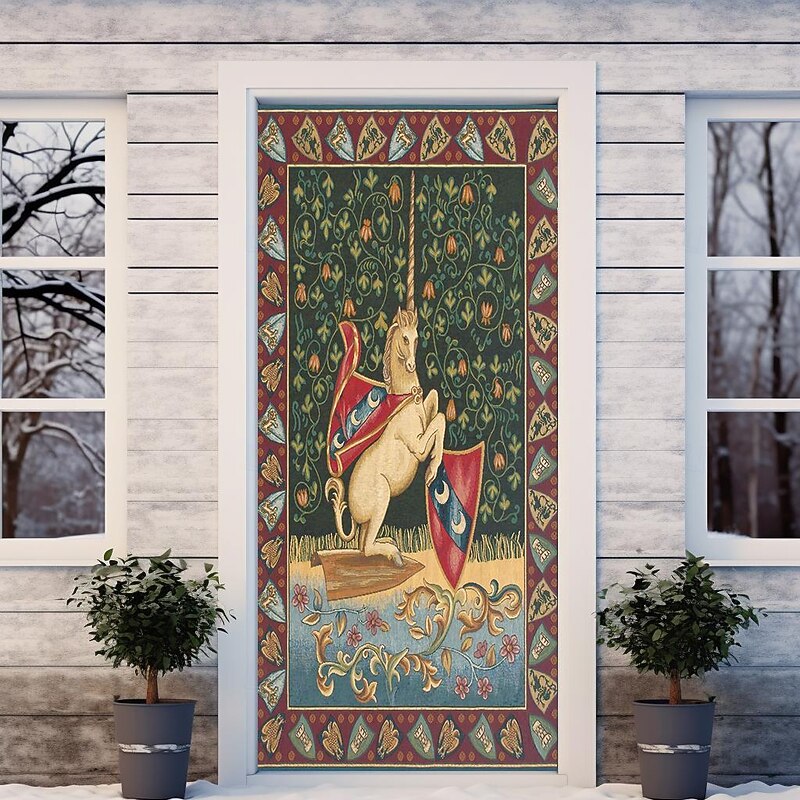 Medieval Unicorn Door Covers Mural Decor Door Tapestry Door Curtain Decoration Backdrop Door Banner Removable for Front Door Indoor Outdoor Home Room Decoration Farmhouse Decor Supplies4