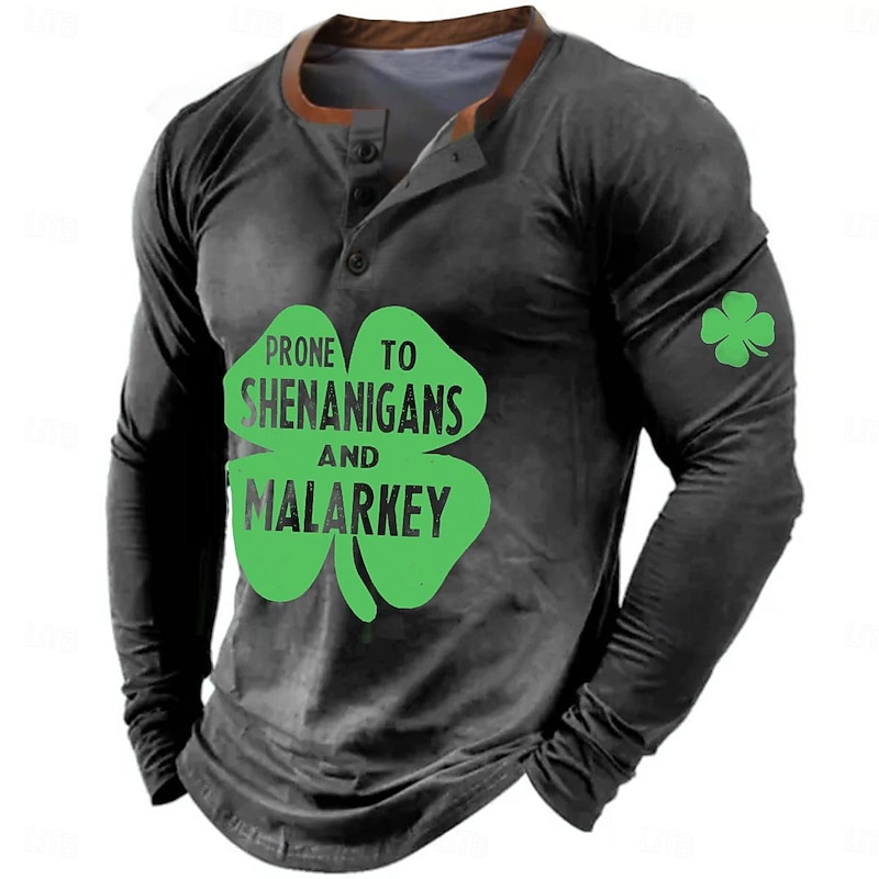 St.Patrick's Day st paddys Shamrock Men's Casual 3D Print Henley T Shirt Tee Casual Holiday T shirt Black Blue Green Long Sleeve Henley Shirt Spring & Fall Clothing Apparel S M XL XXL 3XL4