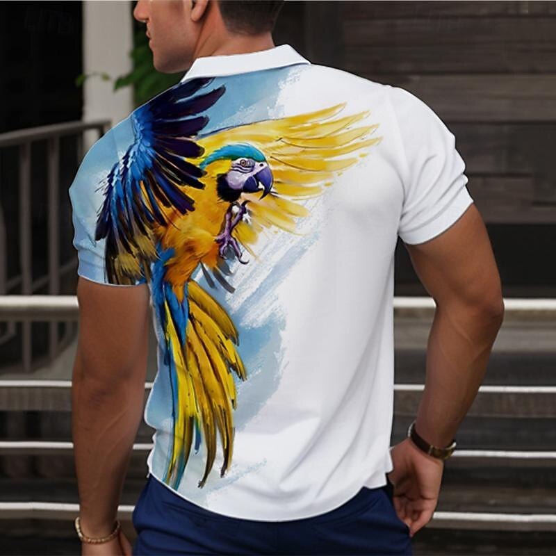 Men's Parrot Hawaiian Polo Shirts Golf Shirt Short Sleeve Polo Shirts Collared Shirts Casual Funny Beach Wear Vacation Wear Party Outfits Buttons 3D Print Summer Yellow Blue Green2