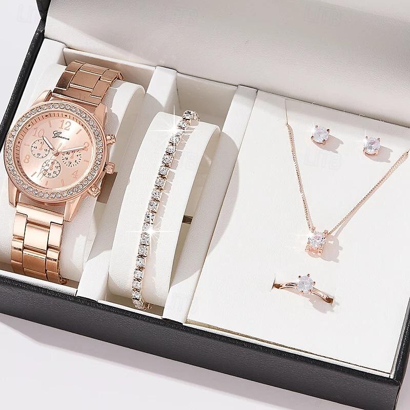 5 pcs/set Watch Set for Women - Shinny Rhinestone Fashion Starry Sky Digital Dial Quartz Watch Rings Necklace Earrings Jewelry Set Valentines Day Mother's Day Gifts2