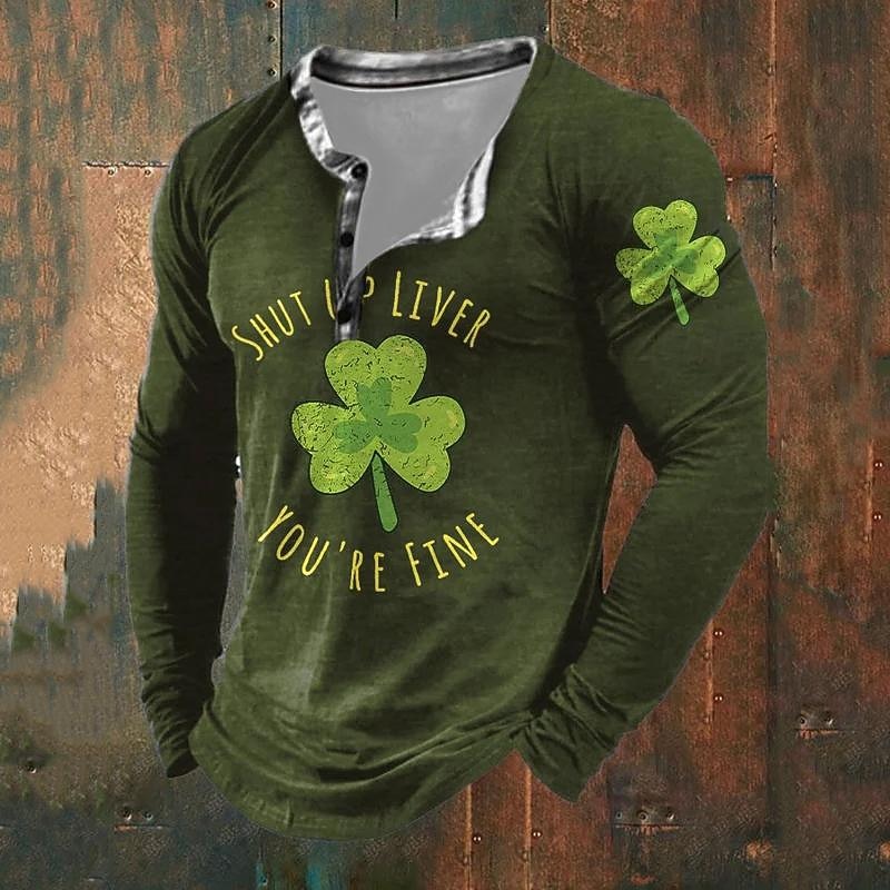 St Patrick St Paddy Shamrock Men's Casual Fashion Retro Vintage 3D Print T shirt Tee Henley Shirt Sports Outdoor Holiday Going out St. Patrick T shirt Black Red Brown Long Sleeve Henley Shirt3