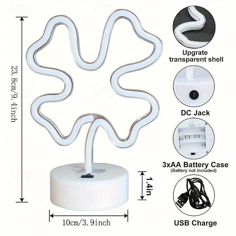 1pc Clover Light Neon Lamp, Led Clover Shape with Base USB, Battery Powered Led Green Decor, For Room, Office, St. Patrick's Day Party Decoration (Green)3