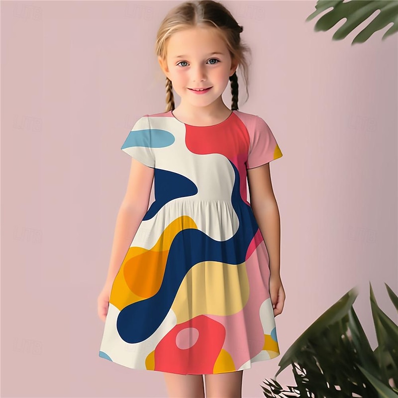 Girls' 3D Geometric Dress Pink Short Sleeve 3D Print Summer Daily Holiday Casual Beautiful Kids 3-12 Years Casual Dress Skater Dress Above Knee Regular Fit