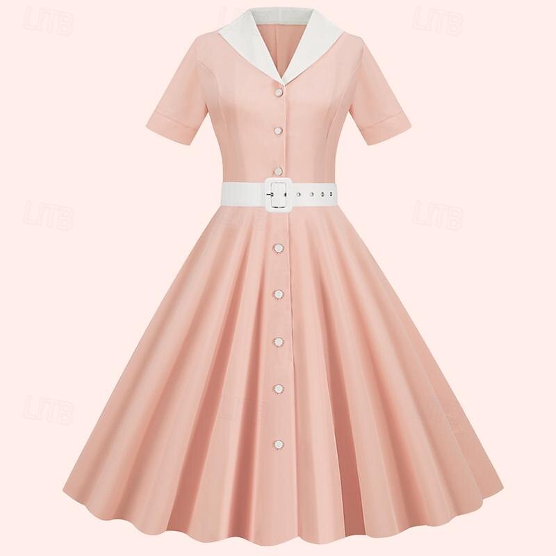 Elegant Classical 1950s Dress Flare Dress Gentlewoman Buckle Solid Color A-Line Fancy Dress Women's Valentine's Day Office / Career Event / Party Dailywear Adults' Homecoming Dresses Spring & Summer