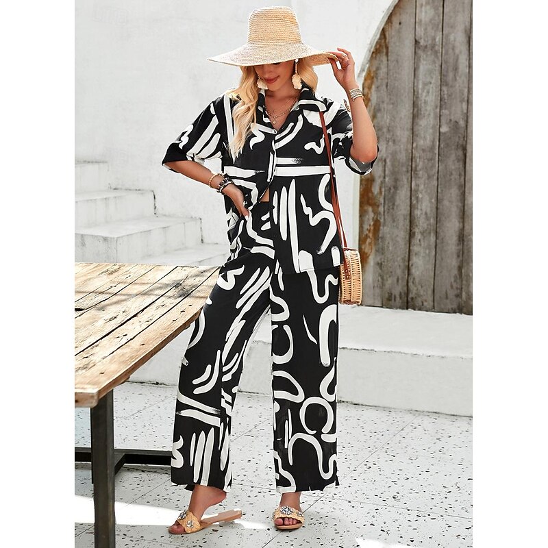 Women EU / US Size2 Pieces SetsFashion Daily Bolero Top Wide Leg Short Sleeve Shirt Collar Geometric Color Block Leaves Print Casual Daily Weekend Black Yellow Blue Spring & Summer Loose Fit3