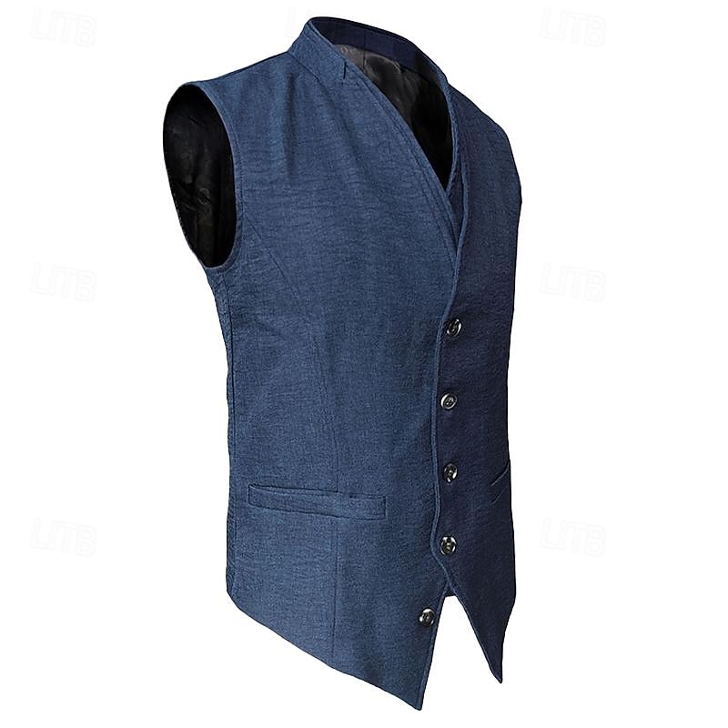 Men's Vest Waistcoat Wedding Business Daily Business Casual Spring Fall Pocket Polyester Breathable Plain Single Breasted V Neck Regular Fit Navy Blue Vest2