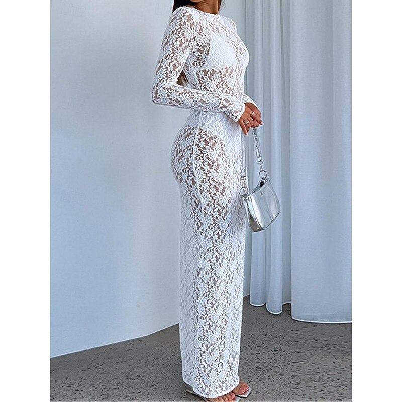 Women's Long Dress Maxi Dress White Dress Black Dress Lace Dress Casual Dress Streetwear Maxi Sexy Vacation Street Holiday Slim Long Sleeve Round Neck Black White Summer3