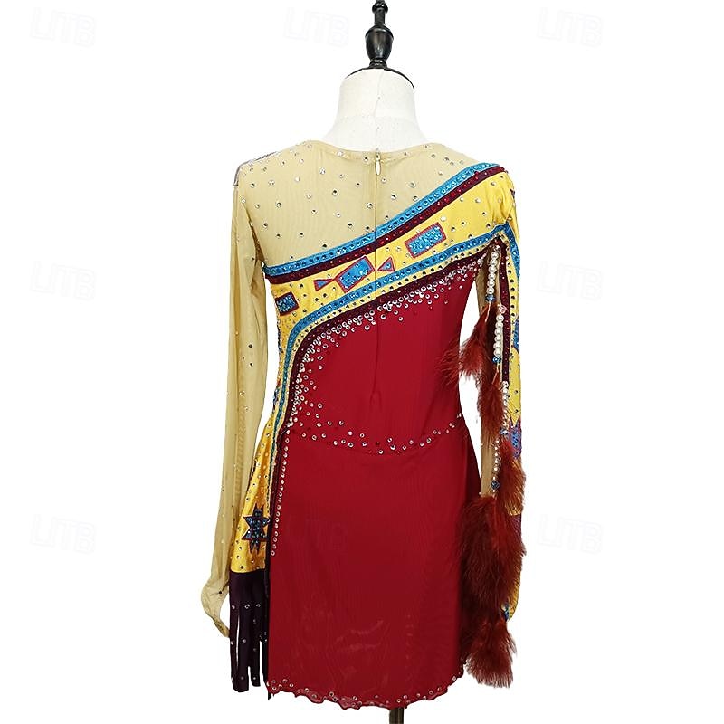 Figure Skating Dress Women's Girls' Ice Skating Dress Red Yellow Patchwork Thumbhole Mesh Spandex Stretchy Training Practice Professional Skating Wear Crystal / Rhinestone Long Sleeve Ice Skating2