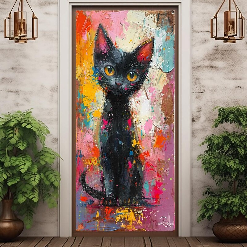 Painting Cat Animal Door Covers Mural Decor Door Tapestry Door Curtain Decoration Backdrop Door Banner Removable for Front Door Indoor Outdoor Home Room Decoration Farmhouse Decor Supplies