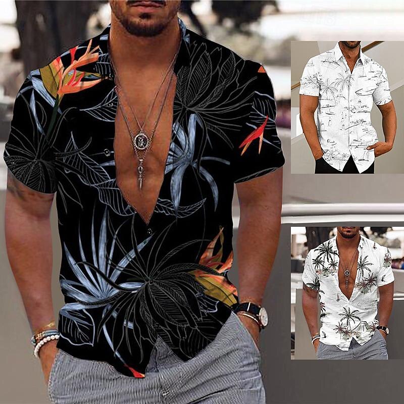 Men's Coconut Tree Tropical Plants Shirt Summer Hawaiian Shirt Aloha Shirt Short Sleeve Shirt Turndown Fashion Hawaiian Designer Outdoor Street Casual Black White+Black White Print S M L