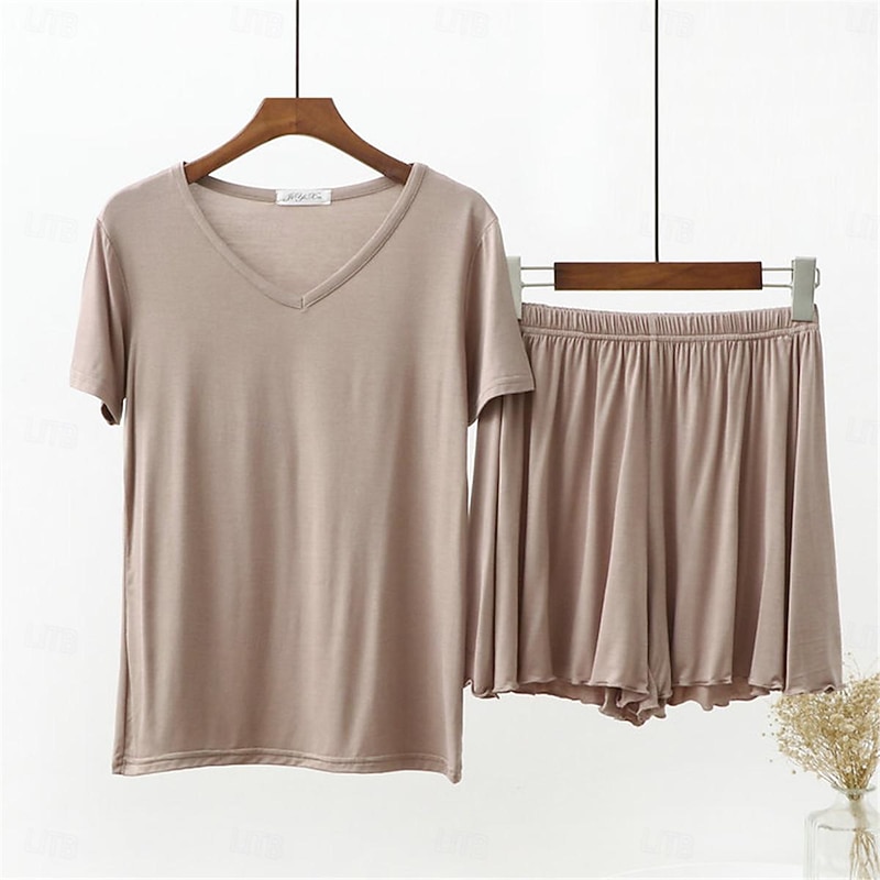 Women's Pajamas Sets Pure Color Fashion Comfort Home Daily Bed Modal Breathable V Wire Short Sleeve T shirt Tee Shorts Elastic Waist Summer Spring Home Outfits4