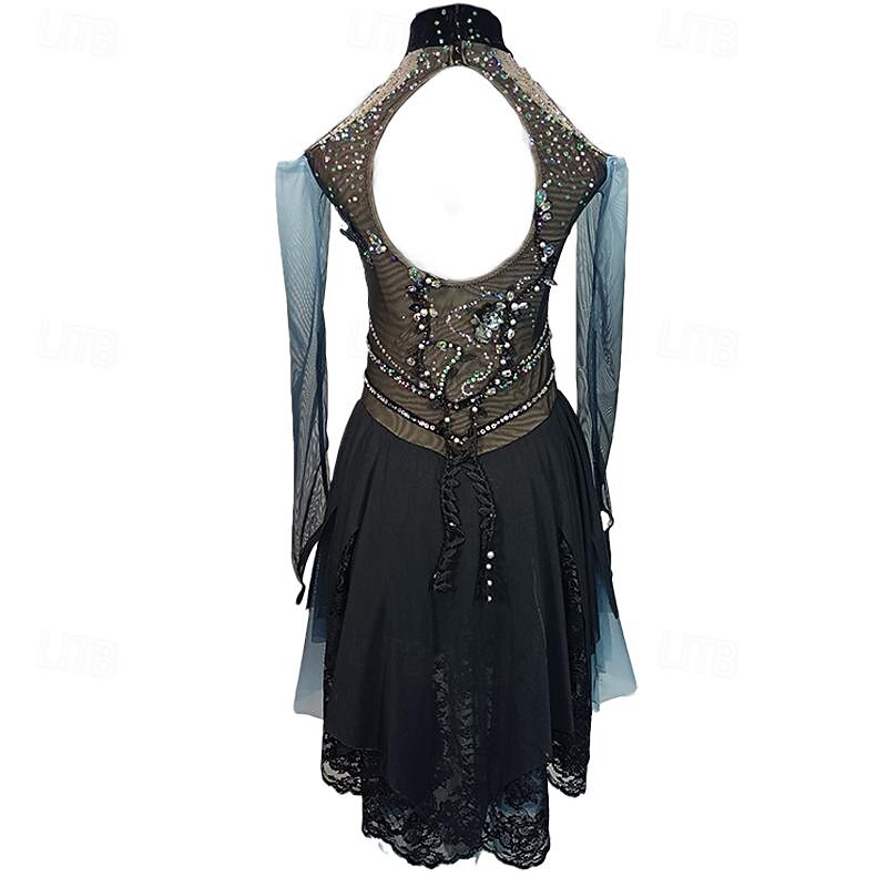 Figure Skating Dress Women's Girls' Ice Skating Dress Blue Black Patchwork Thumbhole Mesh Spandex Lace Stretchy Training Practice Professional Skating Wear Crystal / Rhinestone Long Sleeve Figure2