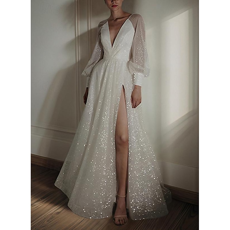 Beach Wedding Dresses A-Line V Neck Long Sleeve Floor Length Sequined Bridal Gowns With Solid Color3