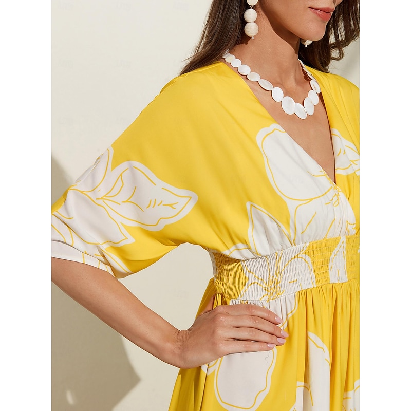 Satin Yellow Flower Print Corset Beach Dress3