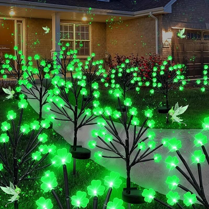 20 LED St Patricks Day Decorations Solar Shamrock Stake Lights, Outdoor Shamrock Tree Lights, With Party Gifts Decor-Solar Garden Lights, For St. Patrick's Day Outside Decoration