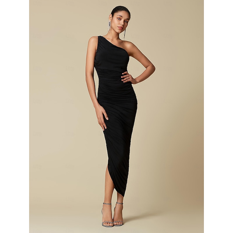 Black Elegant Party/Wedding Guest Ruched Sleeveless One Shoulder Elegant Midi Dress dress to impress 20242