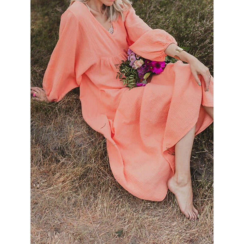 Women's Pink Orange Rose Red Summer Spring Maxi Dress Linen-Inspired Dresses Casual Dress Basic Modern Daily Weekend Loose Fit Plain V Neck