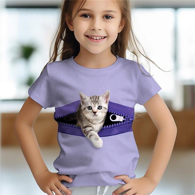 Girls' 3D Cat Tee Shirts Pink Short Sleeve 3D Print Summer Active Fashion Cute Kids 3-12 Years Crew Neck Outdoor Casual Daily Regular Fit4