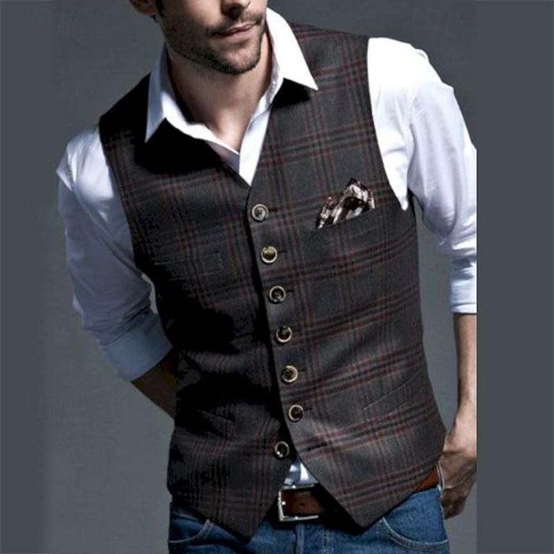 Men's Vest Gilet Wedding Event / Party Daily Fashion Business Spring & Summer Button Pocket Polyester Comfortable Plaid Single Breasted One-button V Neck Regular Fit Black Vest