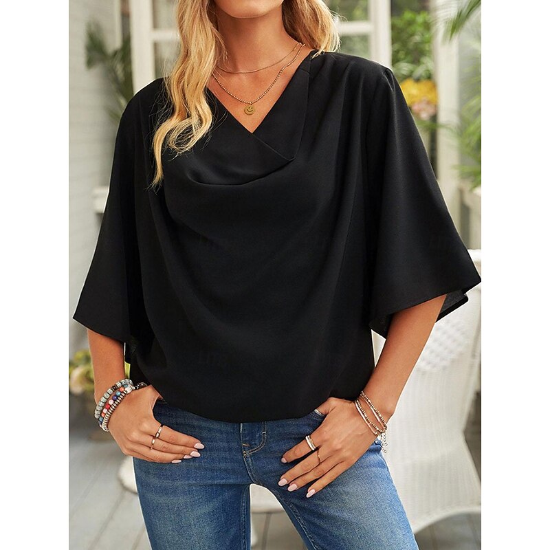 Shirt Blouse Women's Black White Wine Solid Color Ruched Street Daily Fashion V Neck S3