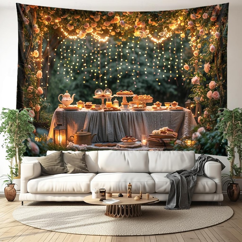 Dinner in Flowers Hanging Tapestry Wall Art Large Tapestry Mural Decor Photograph Backdrop Blanket Curtain Home Bedroom Living Room Decoration2