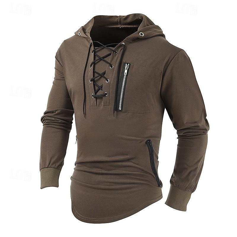 Men's T Shirt Tee Top Long Sleeve Shirt Long Sleeve Hooded Spring & Summer Plain Fashion Designer Basic Lace up Vacation Street Going out Black Brown Green Top Tee for Men2