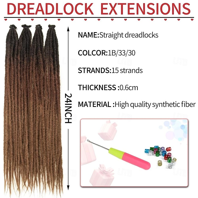 Dreadlock Extensions 24 Inch Synthetic Hippie Single Ended Dreads 15 Strands Ombre Brown 0.6 cm Width Loc Extensions Reggae Style Crochet Hair for Women2
