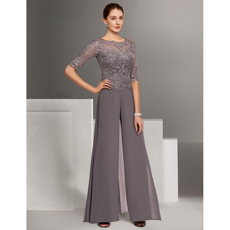 Jumpsuit Mother of the Bride Wedding Guest Church Elegant Petite Bateau Neck Floor Length Chiffon Half Sleeve with Appliques3