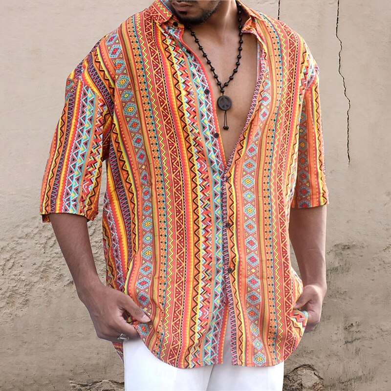 Men's Floral Tribal Vintage Shirt Boho Shirt Summer Hawaiian Shirt Short Sleeves Shirt Turndown Fashion Streetwear Designer Outdoor Street Casual Black Purple Orange S M L