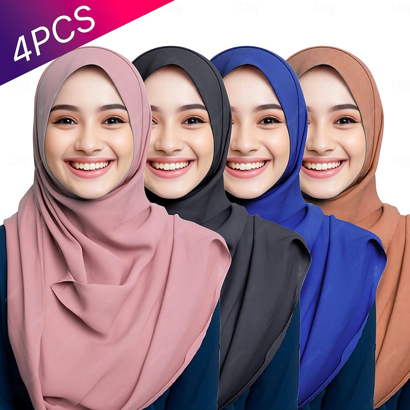Set with 4 PCS Women's Arabian Muslim Shawls Hijab Scarfs For Ramadan Dubai Islamic Adults' Solid Color Shawl Ramadan Arabian Muslim Islamic