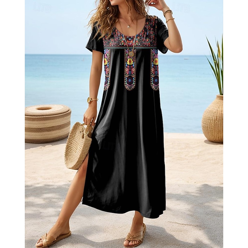 Women's Maxi Dress Casual Dress T Shirt Dress Tee Dress Sundress Bohemia Date Regular Fit Geometric Short Sleeve Crew Neck Black Dark Gray Summer2