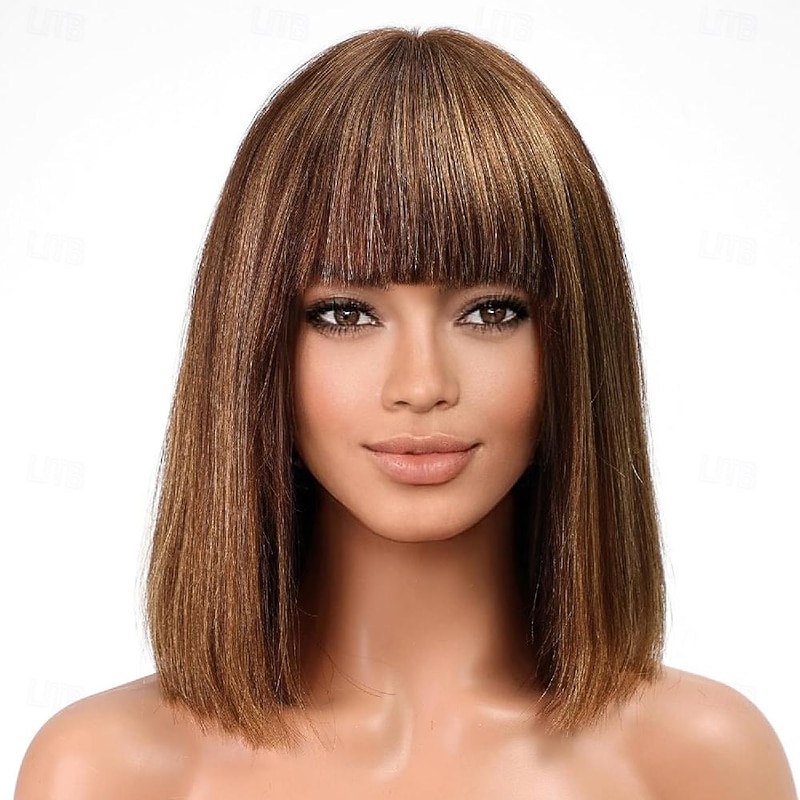 Highlight Bob Wig With Bangs Short Straight Human Hair Full Machine Made Hair Bob Wigs Ombre None Lace Front Wig For Black Women 12INCH