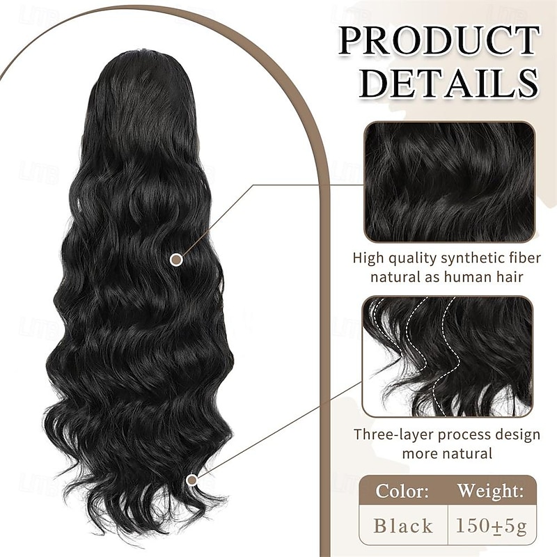 Ponytail Extension Black Drawstring Ponytail Extension for Women 26 Inch Long Wavy Ponytail Extension Synthetic Clip in Pony Tails Hair Extensions for Women Girls4
