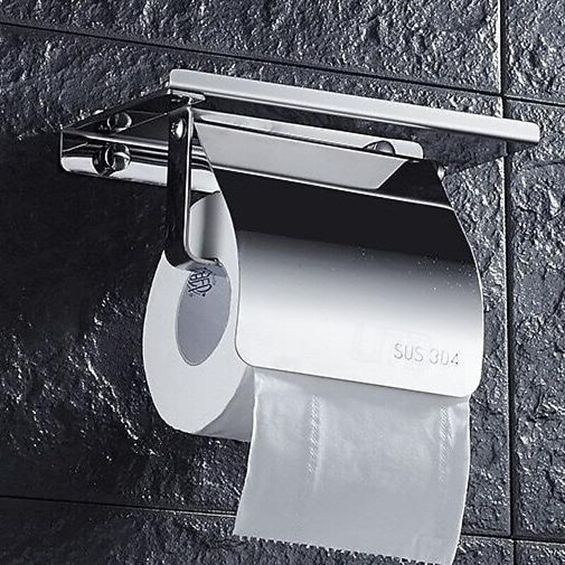 Toilet Paper Holder Stainless Steel for Bathroom with Mobile Phone Storage Shelf Wall Mounted 1pc2