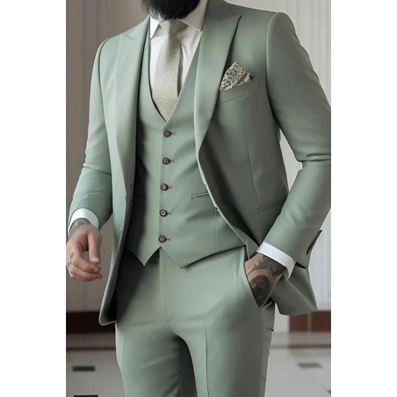 Men's Wedding Prom Suits Peak Sky Blue Sage Formal Solid Colored Tailored Fit 3 Piece Single Breasted One-button