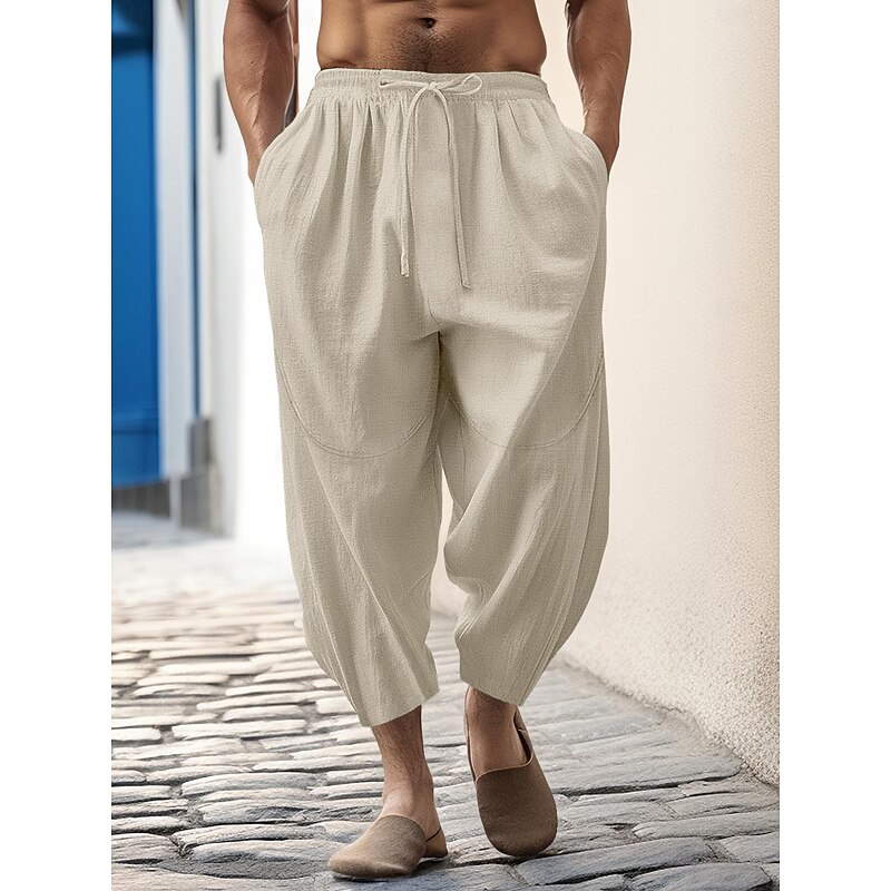 100% Linen Men's Linen Pants Trousers Summer Pants Tapered Carrot Pants Pocket Drawstring Elastic Waist Plain Breathable Comfortable Daily Vacation Going out Classic Casual Black White2