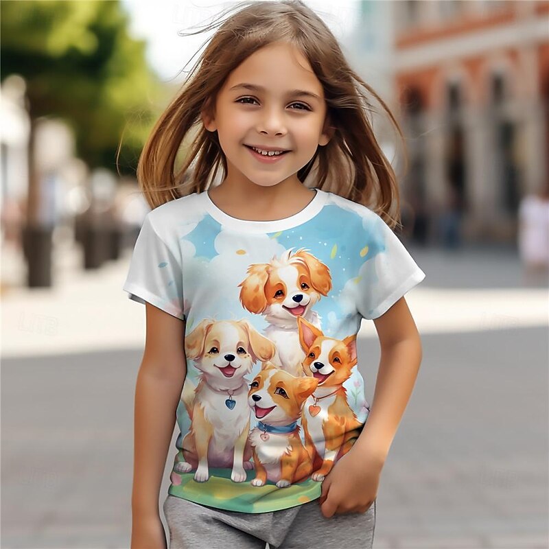 Girls' 3D Dog Tee Shirts Short Sleeve 3D Print Summer Active Fashion Cute Polyester Kids 3-12 Years Crew Neck Outdoor Casual Daily Regular Fit2
