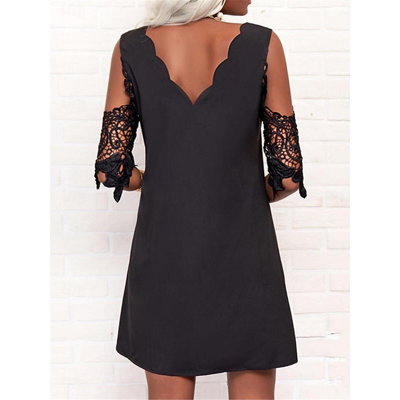 Women's Mini Dress Black Dress Lace Dress Casual Dress Cocktail Dress Vacation Streetwear Party Wedding Date Loose Fit 3/4 Length Sleeve V Neck Black Summer3