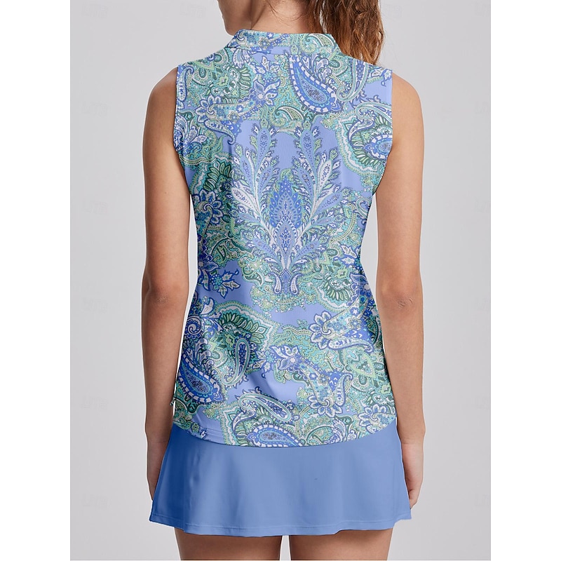Women's Golf Polo Shirt Light Blue Sleeveless Top Paisley Ladies Golf Attire Clothes Outfits Wear Apparel2