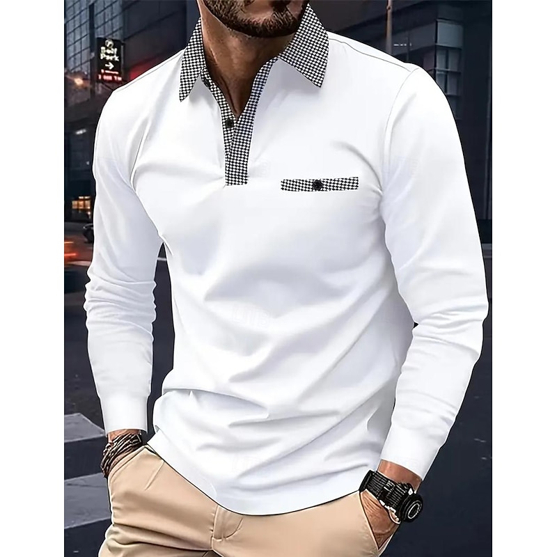 Men's Polo Shirt Golf Shirt Casual Sports Lapel Long Sleeve Fashion Basic Color Block Houndstooth Patchwork Button Spring &  Fall Regular Fit White Red Navy Blue Khaki Light Blue Polo Shirt