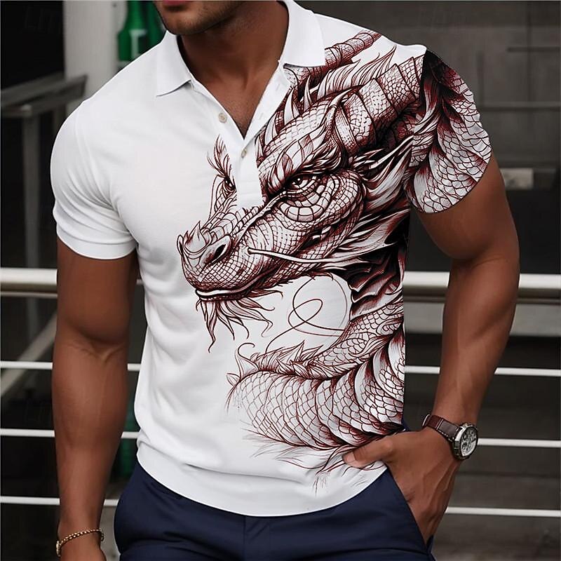Men's Dragon Polo Shirts Golf Shirt Short Sleeve Polo Shirts Collared Shirts Casual Funny Streetwear Vacation Wear Party Outfits Buttons 3D Print Summer Wine Green Gray4
