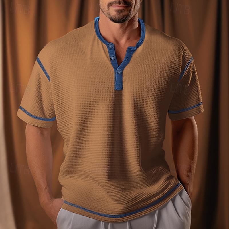 Men's Waffle Henley Shirt Henley Shirt Tee Top Color Block Henley Street Vacation Short Sleeves Patchwork Knitted Clothing Apparel Polyester Fashion Designer Basic2