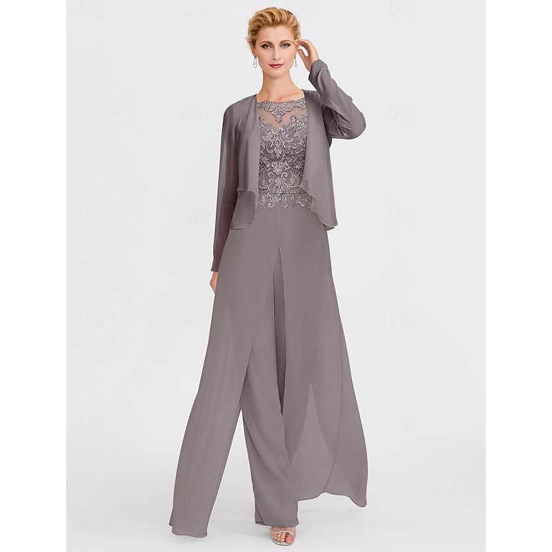 Beach Wedding Two Piece Jumpsuit Mother of the Bride  Formal Wedding Guest Elegant Wrap Included Bateau Neck Floor Length Chiffon 3/4 Length Sleeve with Appliques2