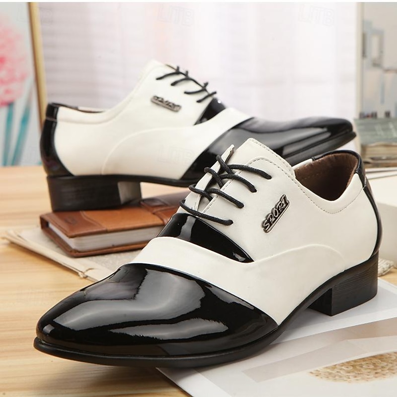Men's Black and White Patent Faux Leather Oxford Shoes – Sleek Lace-Up Design, Modern Formal Style for Weddings, Business, and Special Occasions4