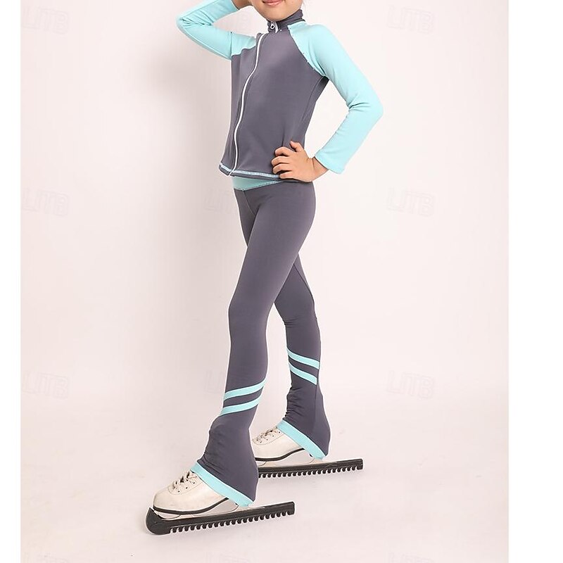 Figure Skating Jacket with Pants Women's Girls' Ice Skating Tights Outfits Light Grey High Elasticity Training Practice Professional Skating Wear Thermal Warm Crystal / Rhinestone Long Sleeve Ice