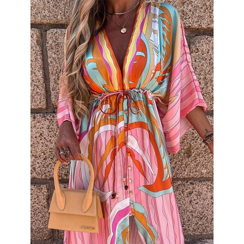 Women's Casual Dress Geometric Color Block Drawstring Split V Neck Long Dress Maxi Dress Bohemia Vacation Summer3